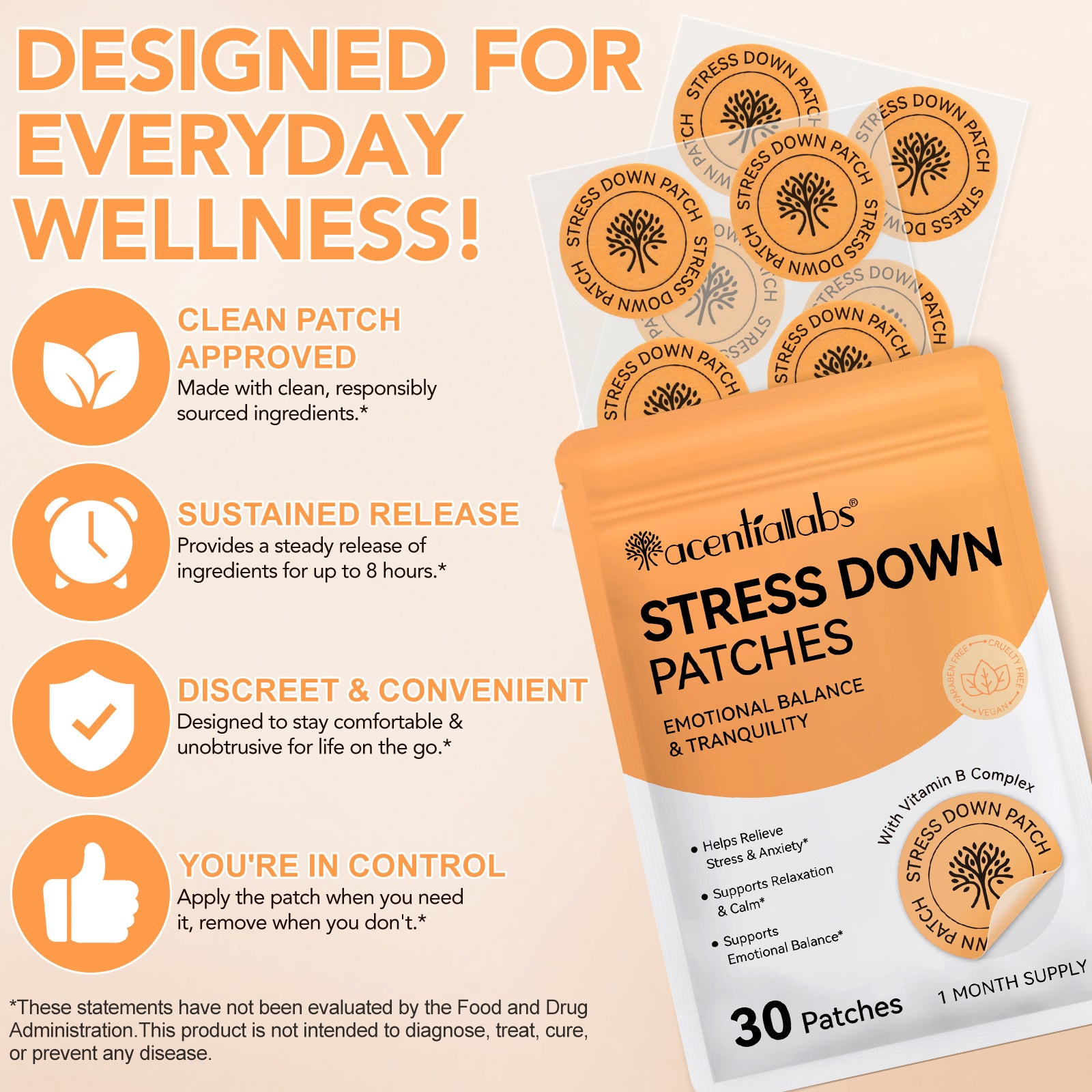 Anti-Stress Pflaster, Stress Down Patches, 30 Pflaster, Monatspackung